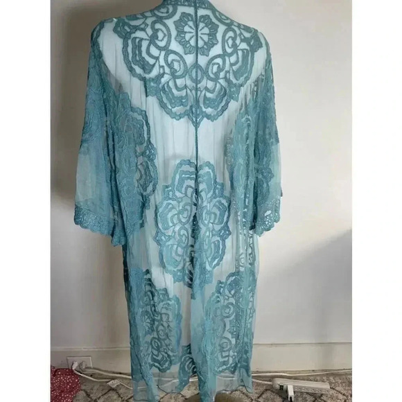 Women's Favlux Turquoise Lace Kimono Cardigan Duster Size M‎ GUC! 0155 - Picture 7 of 12
